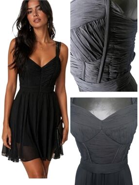 New Designer Black Silk Lace-Trim Bustier Babydoll Chiffon Party Mini Dress NWT